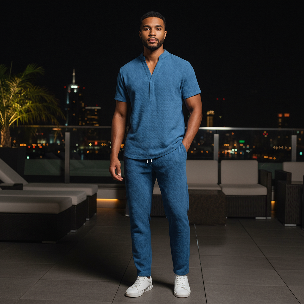 Sky Blue V-Neck Causal Matching Set