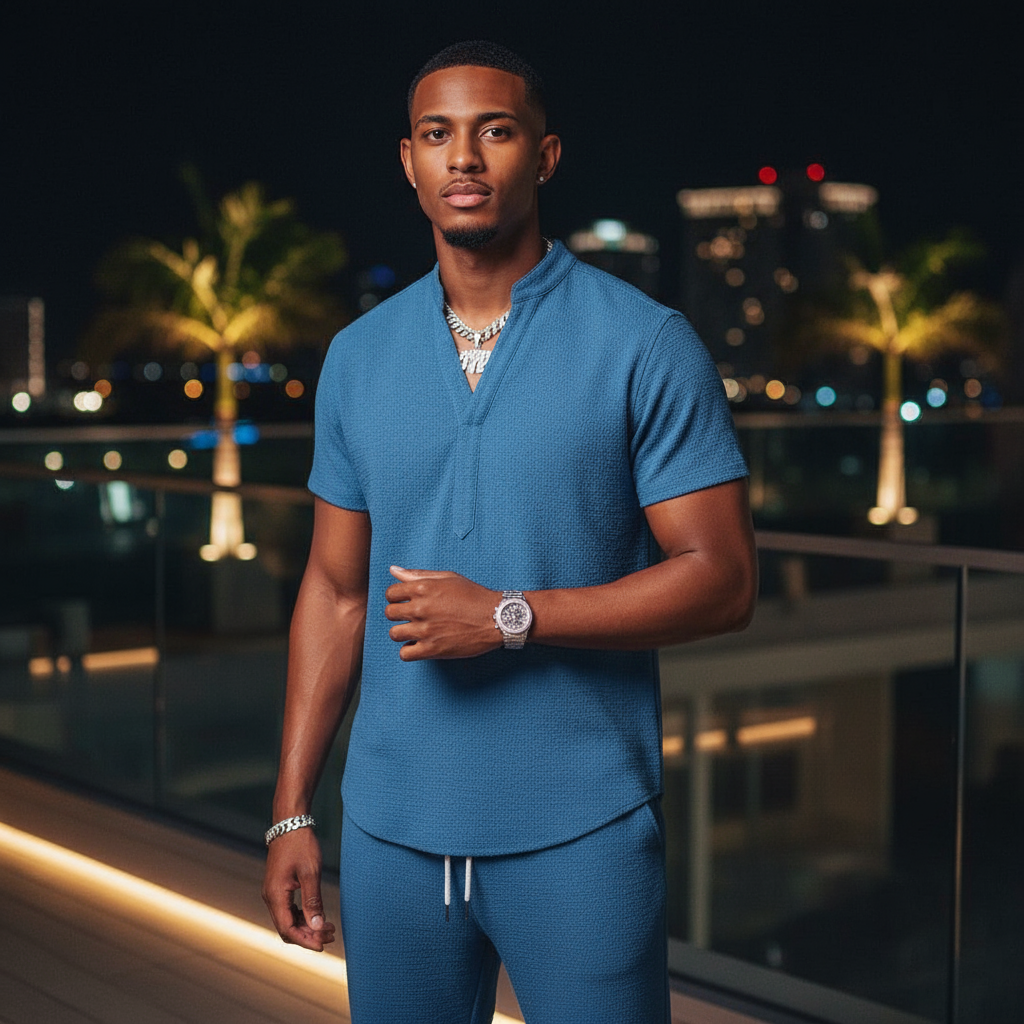 Sky Blue V-Neck Causal Matching Set