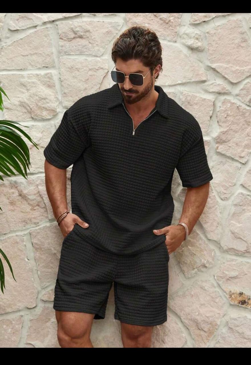 Quarter Zip Black Casual Men's Matching Set