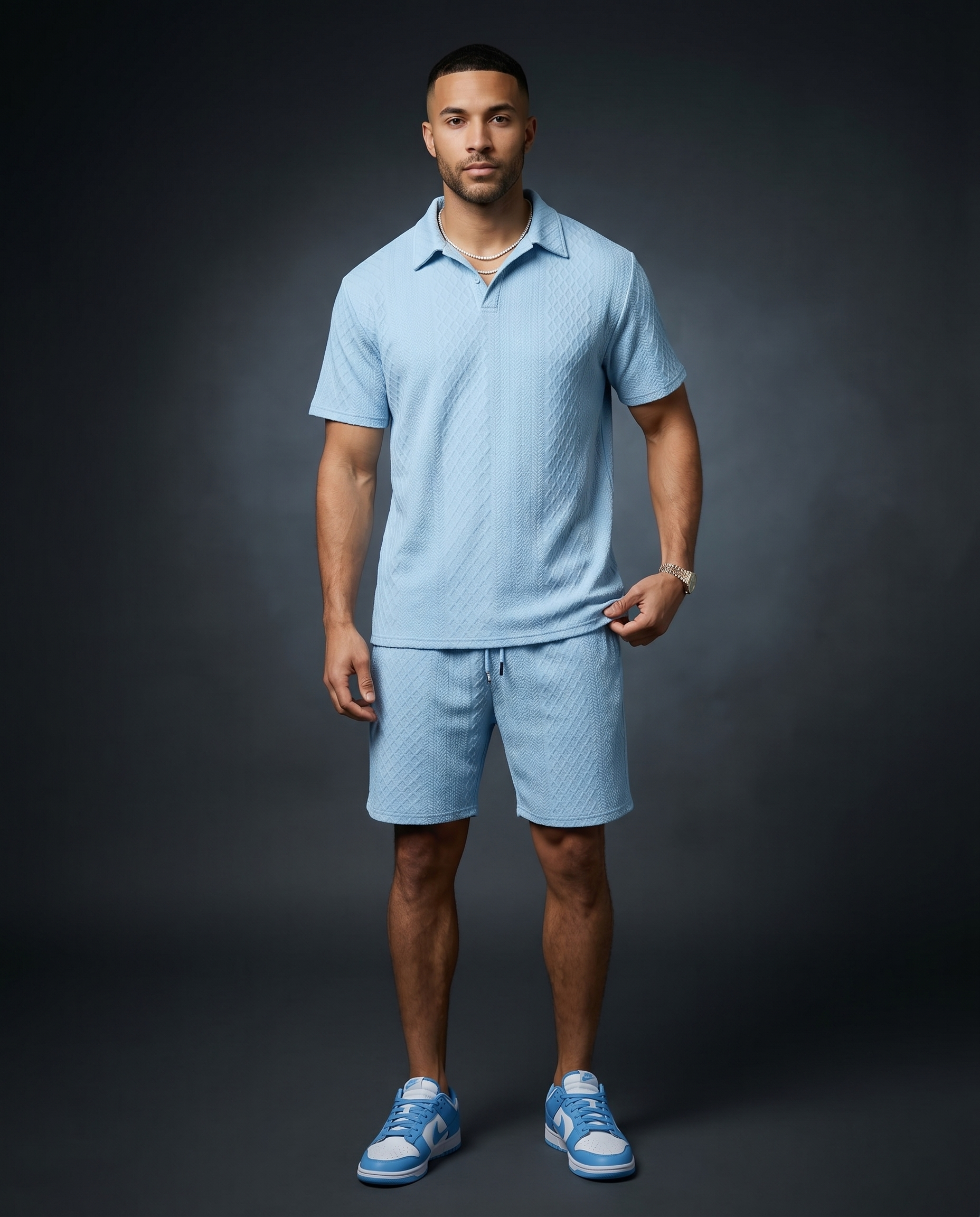 Blue Polo Textured Matching Set